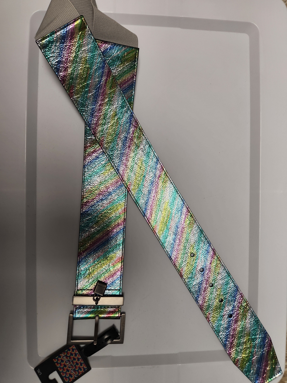 Kurt Geiger Iridescent Rainbow Metallic Leather Belt with Padlock